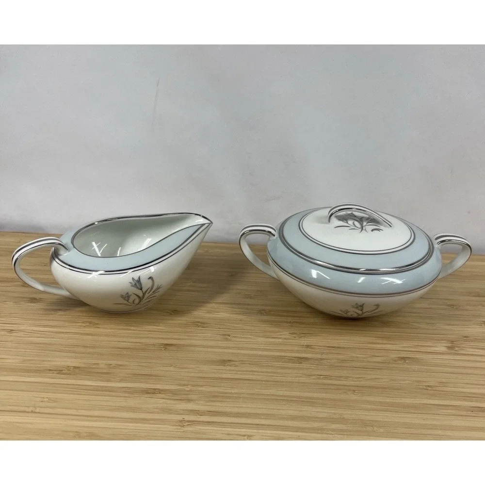 Noritake Bluebell 5558 Sugar Bowl‎ w Lid & Creamer Set Japan Platinum